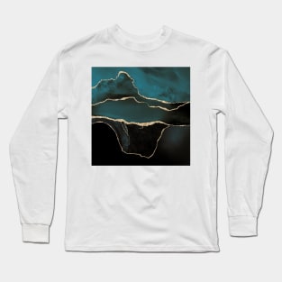 Watercolor Agate in Dark Teal Green Faux Gold Veins Long Sleeve T-Shirt